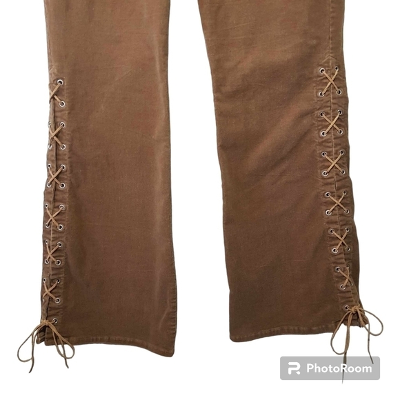 Max Studio Lace Up Brown Corduroy Pants Midrise Bootcut Flare - Picture 2 of 12